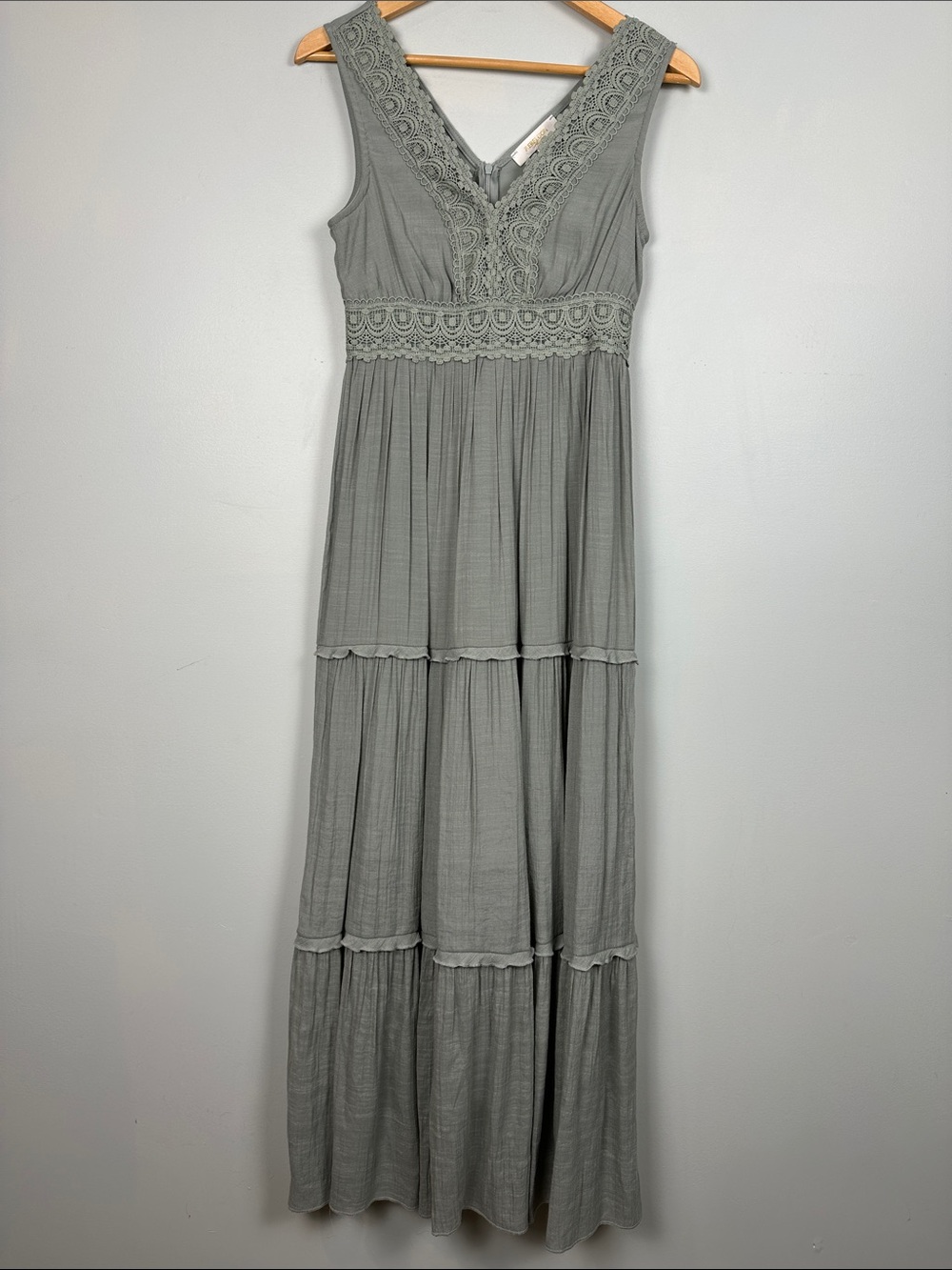 75. rebellion, crochet, tiered, sage, green maxi dress Boho.